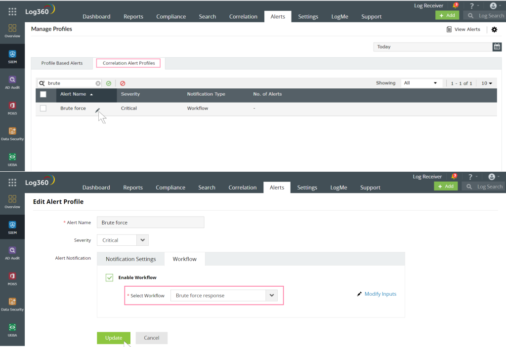 Ez a kép bemutatja, hogyan engedélyezheti a munkafolyamatot a korrelációs riasztási profilhoz.