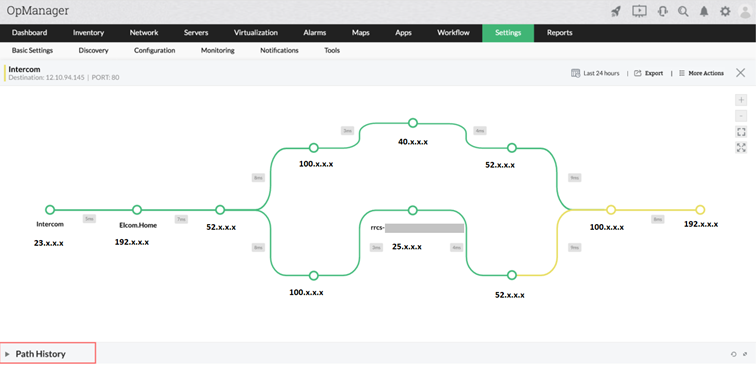 Funkce network path nástroje OpManager