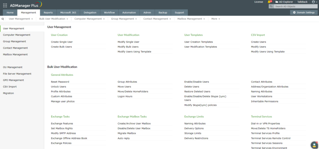 Screenshot zakładki "User Management" AD360 ADAudit Plus od ManageEngine