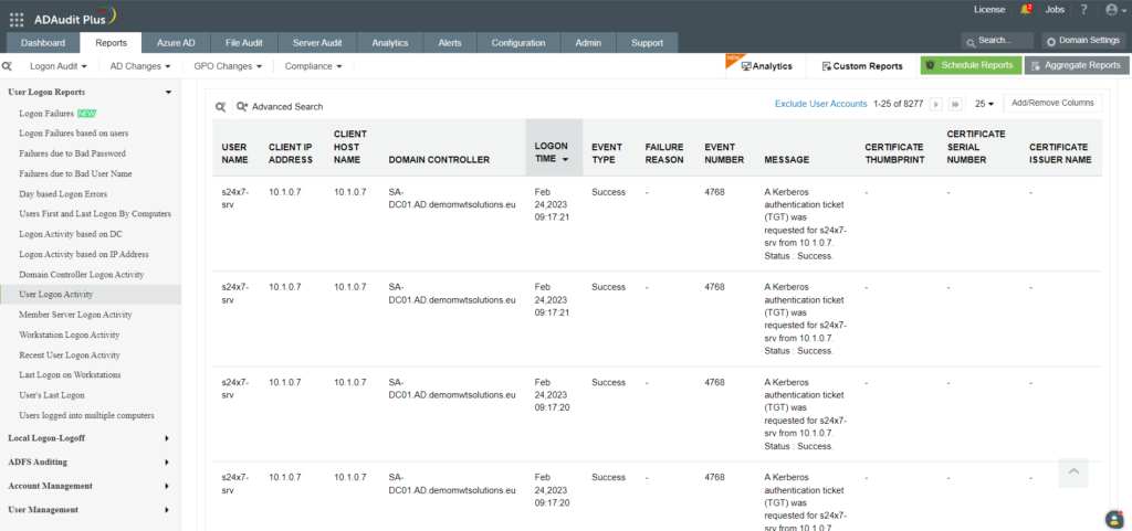 Screenshot zakładki "User Logos Activity" AD360 ADAudit Plus od ManageEngine