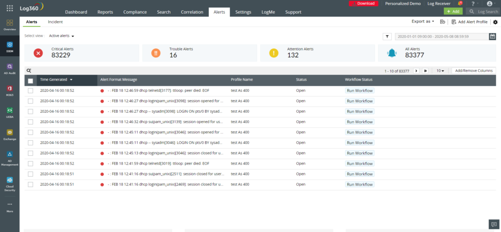 Screenshot zakładki "Alerts" AD360 ADAudit Plus od ManageEngine
