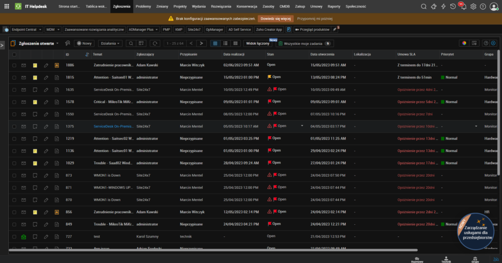 Screenshot widoku strony IT Helpdesk "Zgłoszenia otwarte" ServiceDesk Plus od ManageEngine