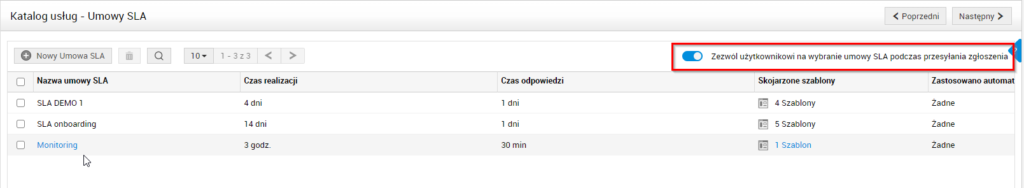 Screenshot widoku strony "Katalog usług - Umowy SLA" ServiceDesk Plus od ManageEngine