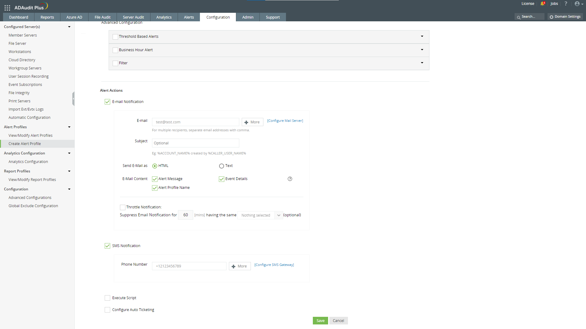 ADAudit Plus wysyłanie notyfikacji
